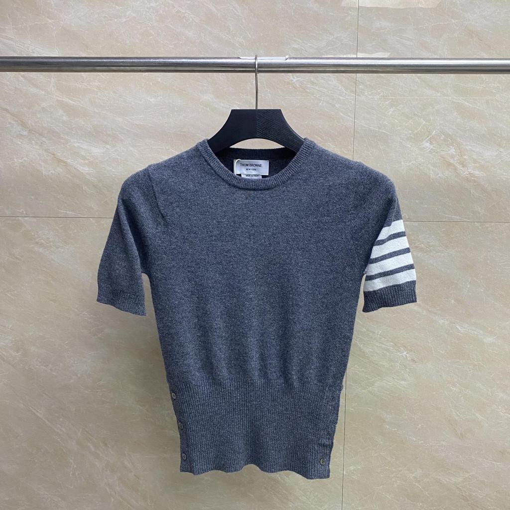 Summer Classic Four-Bar Cashmere Women's Short Sleeve Top - Comfortable, Versatile, and Slimming Design