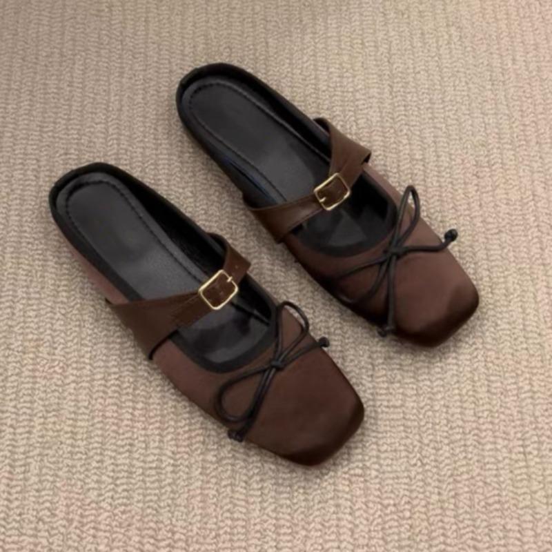 Fashion Spring New Style Low Heels Women's Square Head Shallow Mouth Butterfly Knot Metal Buckle Line with Soft Sole Non-slip Slippers