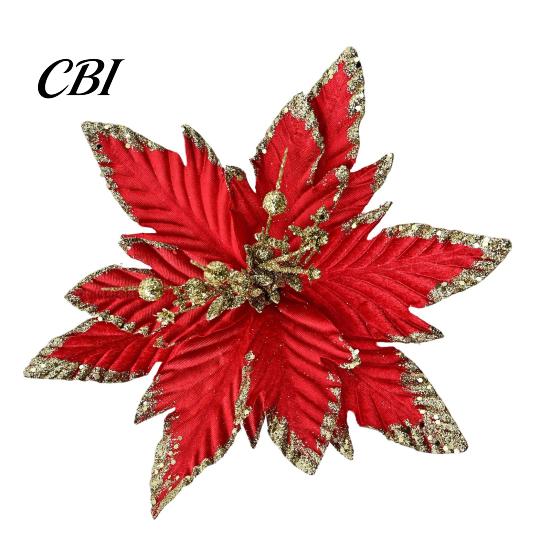 Velvet Poinsettia Decorations Artificial Flowers, Handmade Bead Cluster Christmas with Gold Glitter Fabric Decorative Flower Picks Petals, Reusable