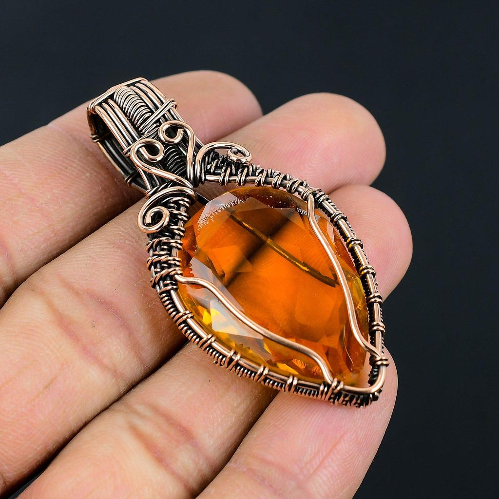 Handmade Copper Wire Wrapped Citrine Pendant Unique Teardrop Gemstone  Pendant Jewelry for Women, Artisan Boho Style Gift for Her