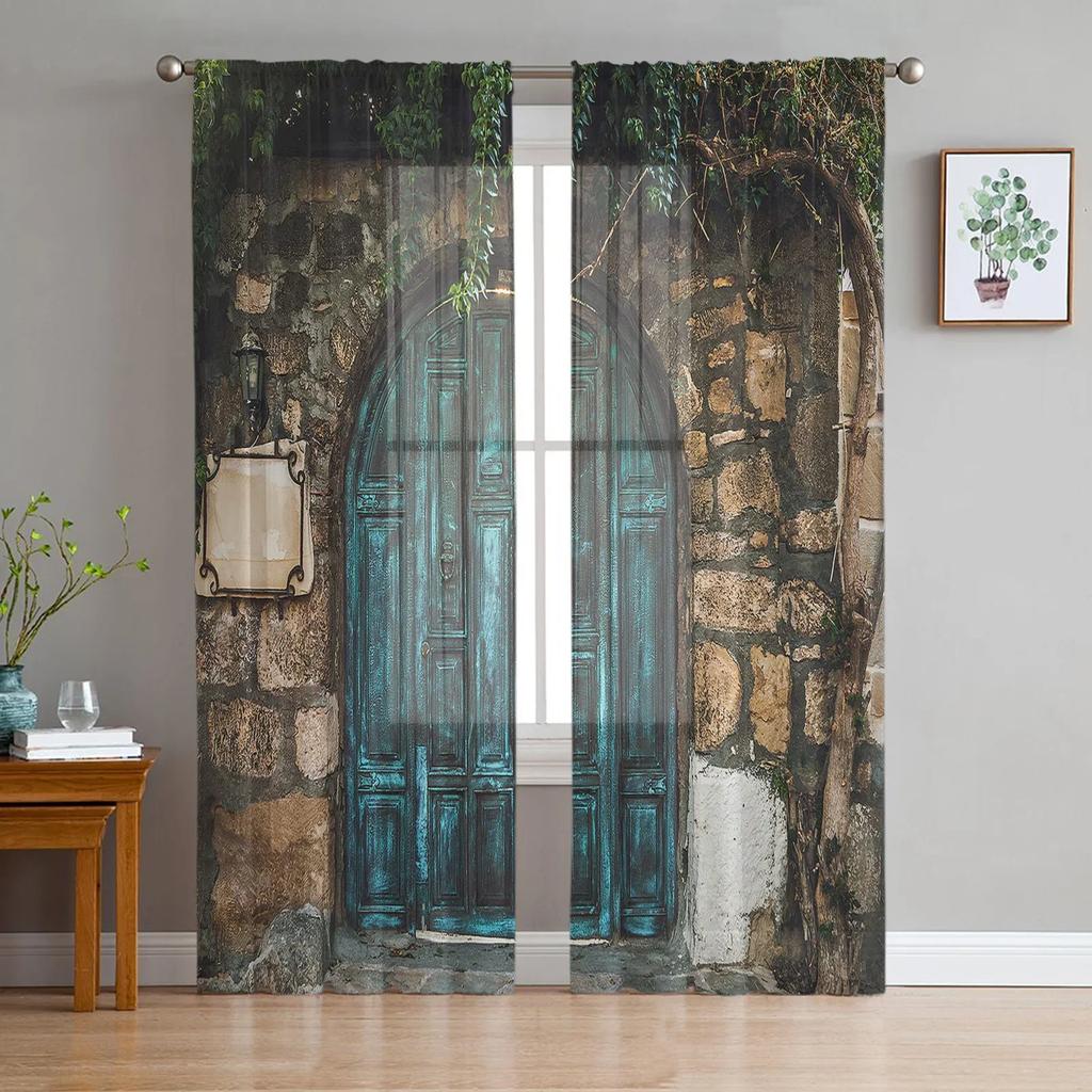 Wooden Door Artistic Texture Classic Vintage Transparent Curtains Living Room Window Panel Soft Tulle Curtains For Bed Chamber Cooking Area Home