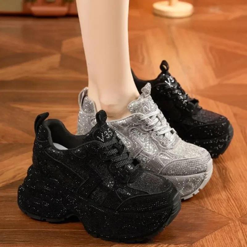 Fashion Top quality 8CM Air Mesh Synthetic Platform Wedge Casual Autumn Chunky Sneaker Bling Bling Leather Comfy High Brand Spring Shoes