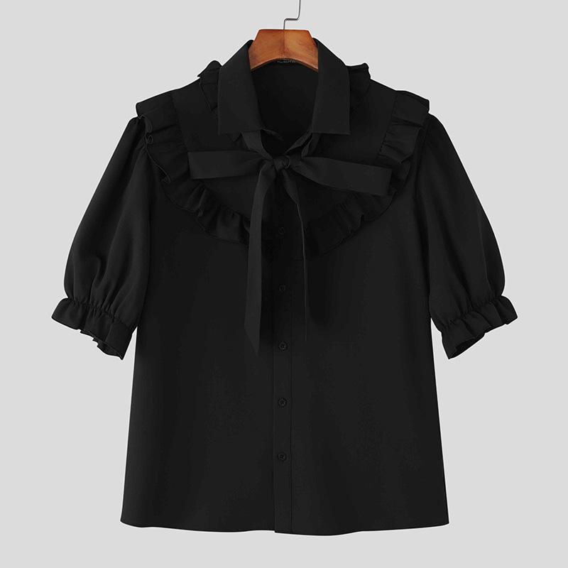 

INCERUN Men Bow Tie Lapel Neck Puff Sleeve Buttons Casual Ruffled Shirts