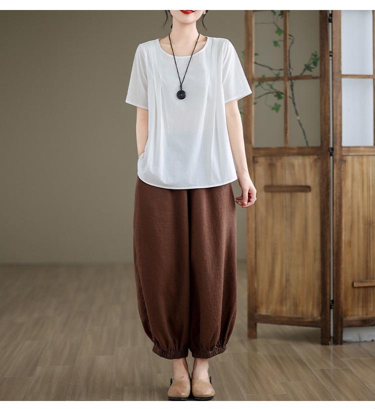 Retro Cotton Linen Short Sleeve Round Neck Top - Summer Solid Color Linen T-shirt