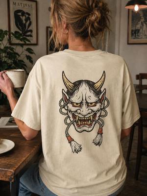 Vintage Hannya Mask T-Shirt and Kids Tshirt, Japanese Tattoo Style Back Print Tee
