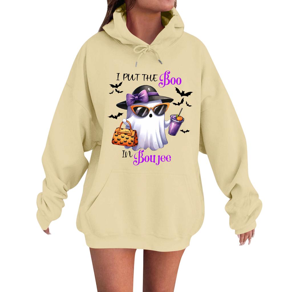 Women's Casual Fashion Comfortable Round Neck With Hood Long Sleeve Halloween Print Warm Sweatshirt