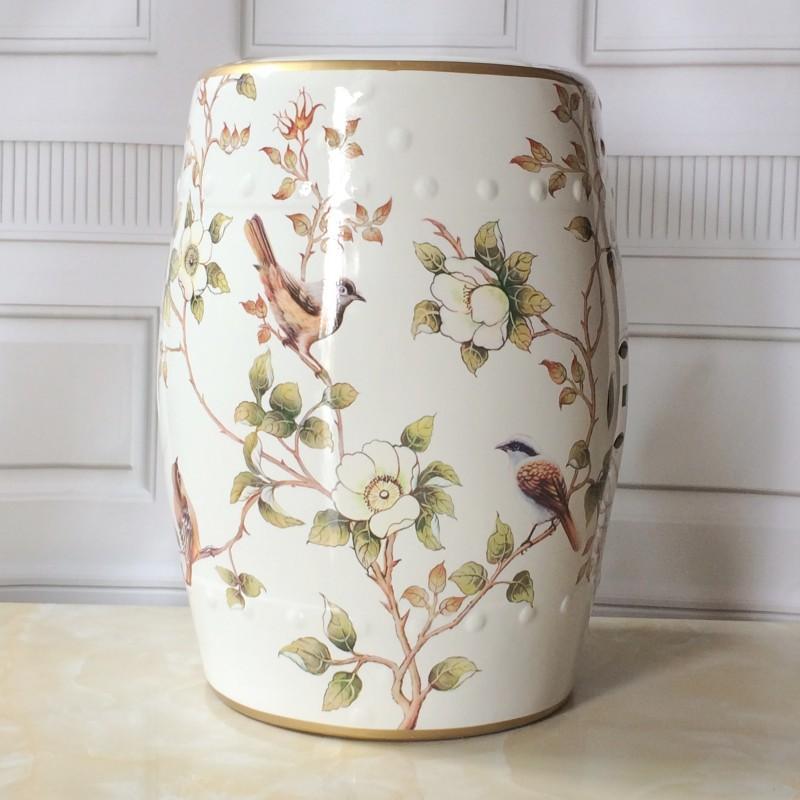 Ceramic Side Table Durable Drum Stool Hand painted Floral and Bird Coffee Table Classic Vanity Seat Suitable for Dining Room