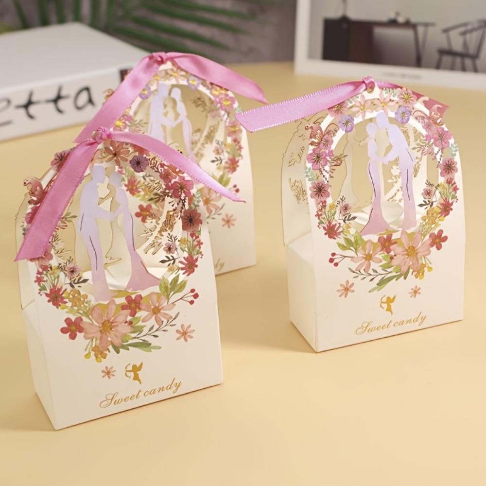 15pcs Floral Candy Boxes with Ribbons Wedding Gift Packing Box Bridal Shower Treat Bags Gift Packaging Paper Craft Party Supplies Wedding Party Gift