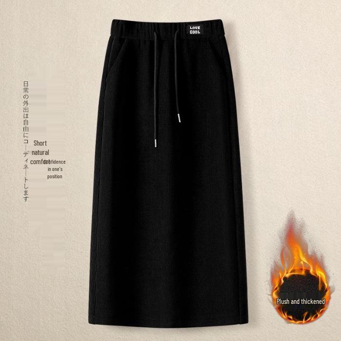 Women's Plus Velvet High Waist Midi Skirt - A-Line, Drawstring Elastic Waist, Straight Hem, Hip-Hugging, Autumn/Winter 2025