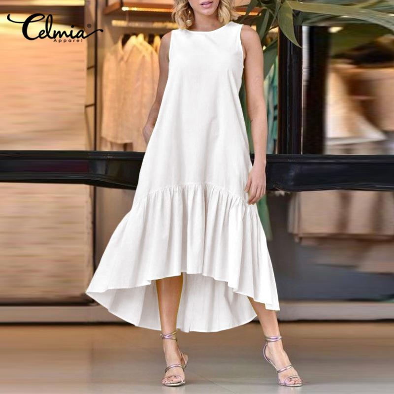 

Celmia Женское летнее нерегулярное платье-майка с неправильным подолом однотонного свободного макси-майки