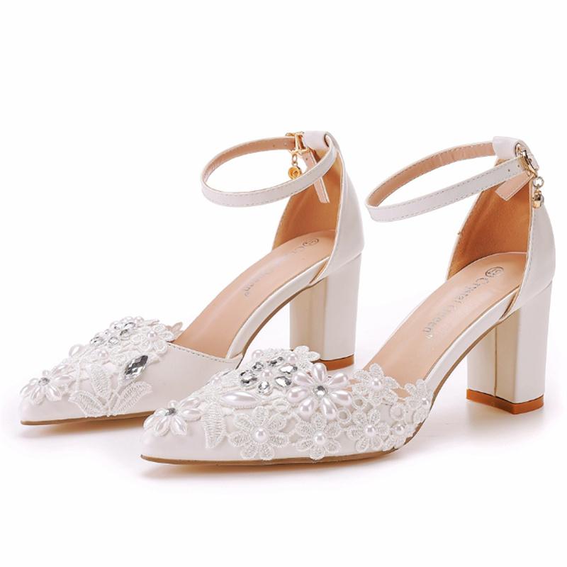 Pretty Lace Women's Thick Heel Pumps Trend Pearls Buckle High Heels Ladies Wedding Dress Shoes Women Party Sandals Size 34-43