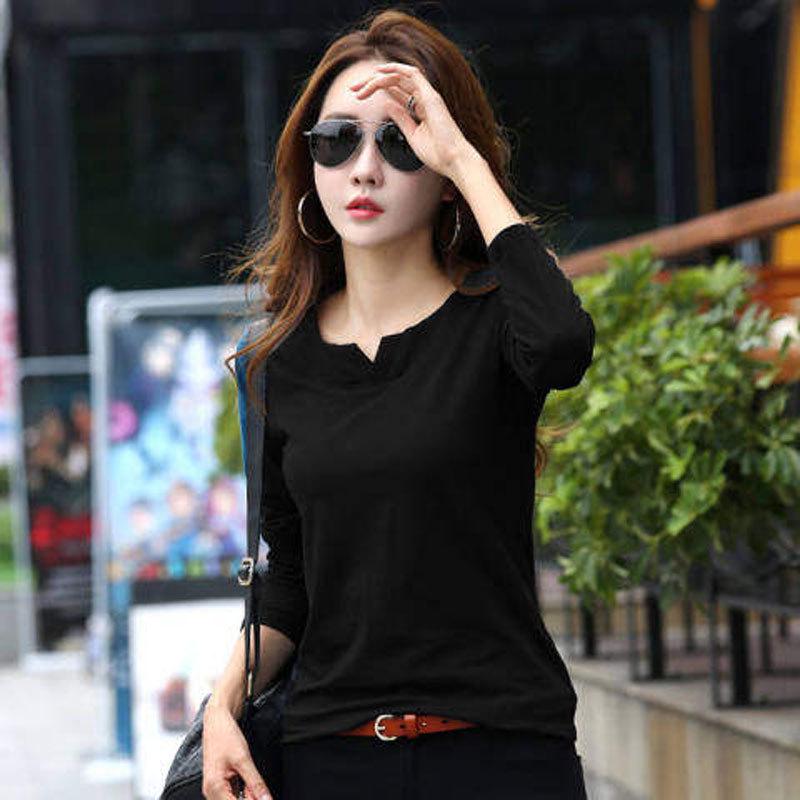 Dámské korejské jarní/podzimní tričko s dlouhým rukávem a výstřihem do V, úzké, 2025 – dostupné v několika barvách