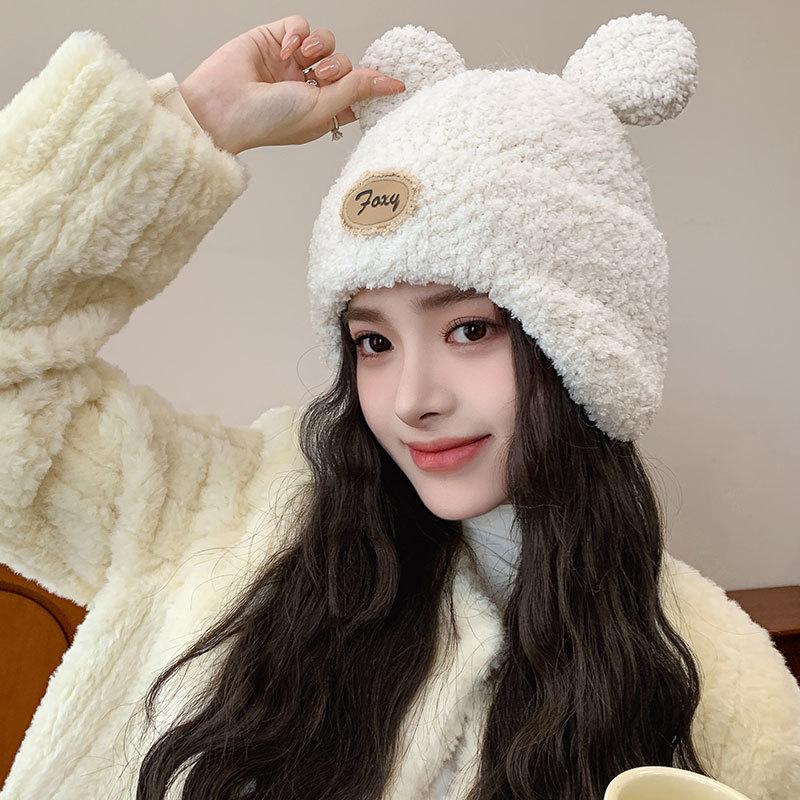 Cartoon bear plush thread warm hat women winter pullover ear protector knitted hat trendy face small cycling hat
