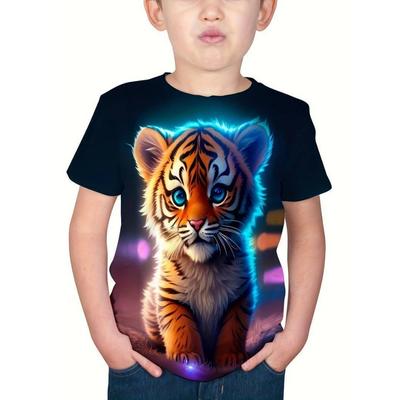 Kids T-shirts Tiger Print Boys' 3D Digital Printed T-shirt Short Sleeved Round Neck Top Summer Breathable Sportswear Apparel