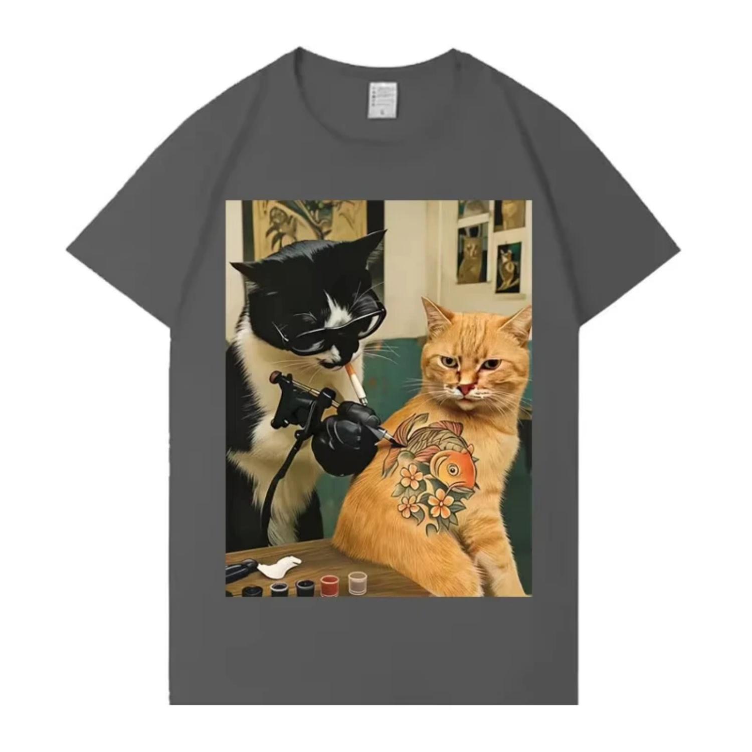 

Trendy Graphic T Shrit Cat Smoking Tattoo Inked Funny Meme T-Shirt Harajuku Y2K T-Shirt Short-Sleeve Summer O Neck Casual Tshrit S разноцветный