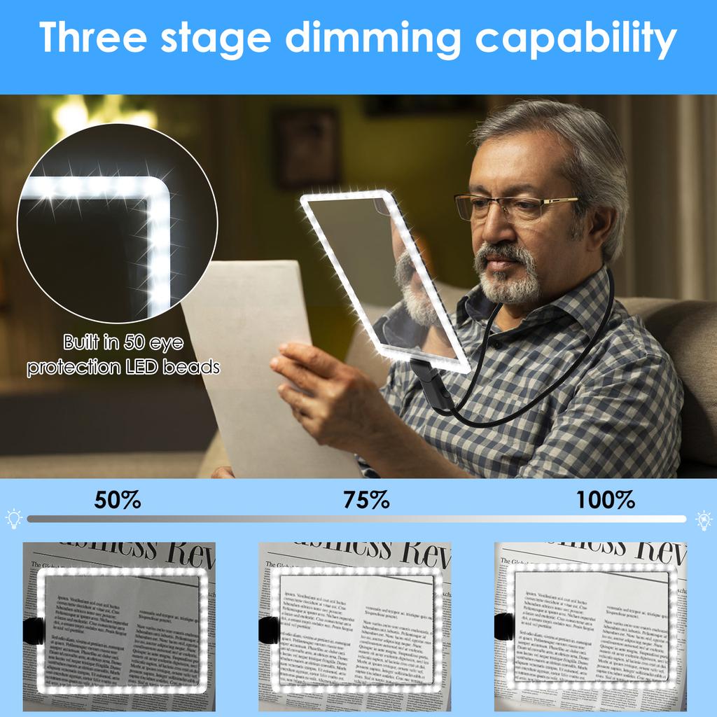 Neck Wear Magnifier Glass LED Magnifying Hands Free Full Page Reading Magnifier 7.5 X 10.2 Inch for Elderly Reading Magnifier