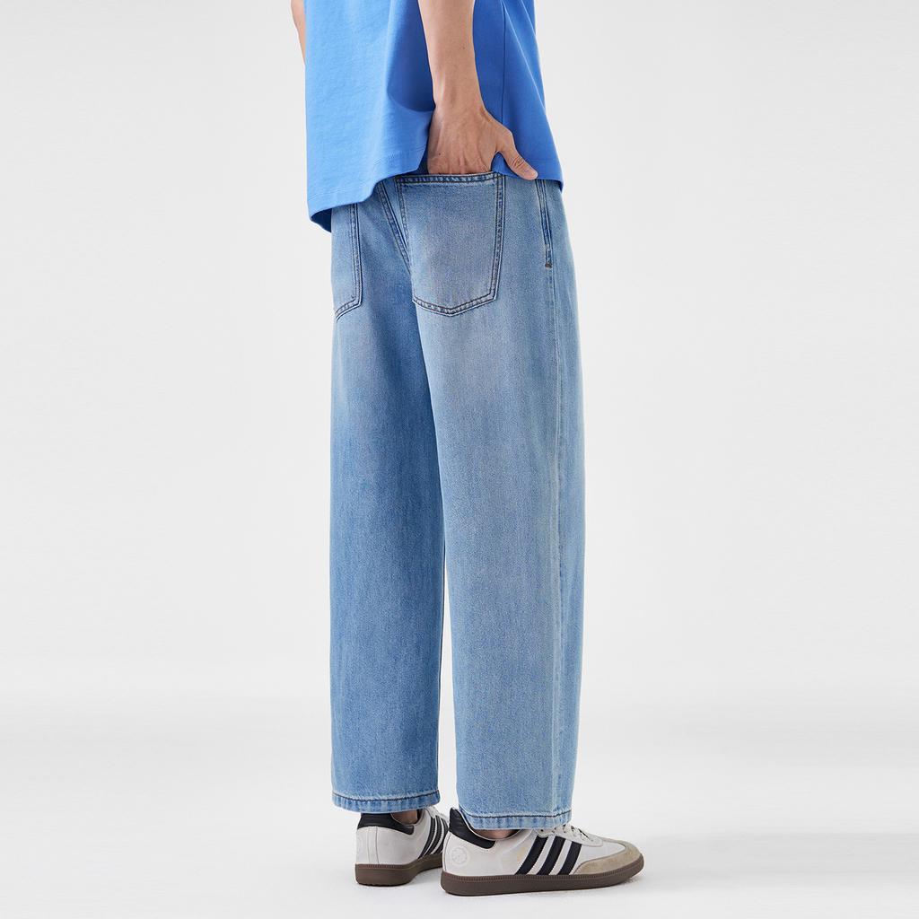 Fried salt water washed jeans men's spring new commuter versatile Tencel wide-leg straight casual nine-point pants loose tide