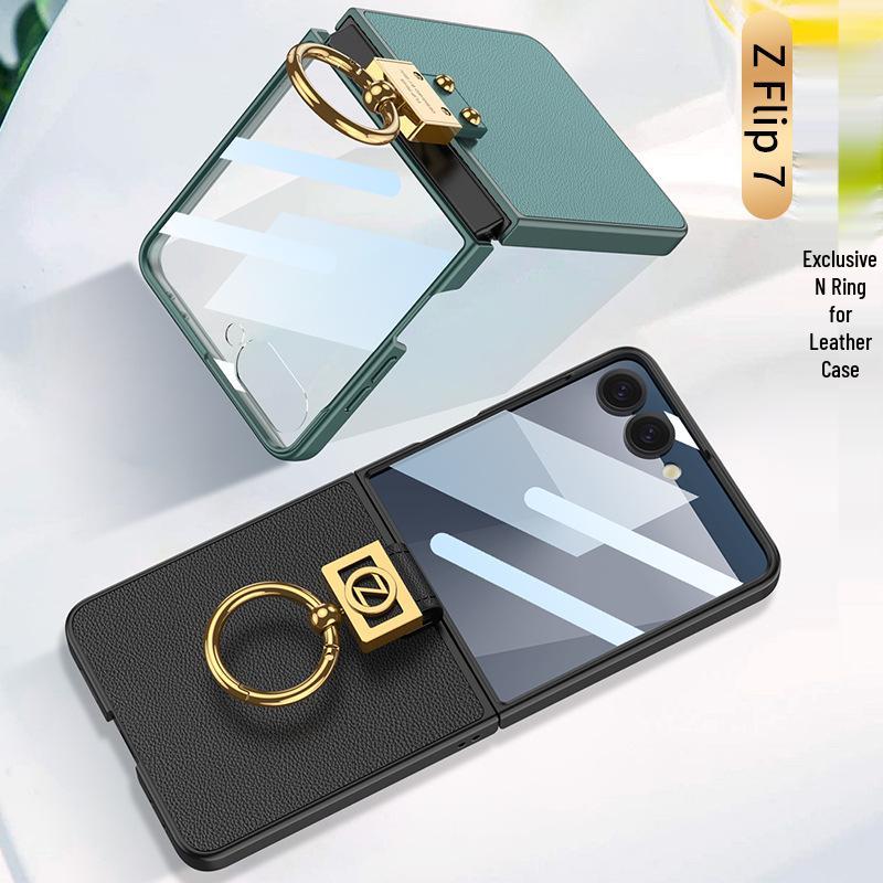 Samsung Z Flip7 Ultra-Thin Premium Leather Ring Case - Elegant, Solid Color Protective Cover