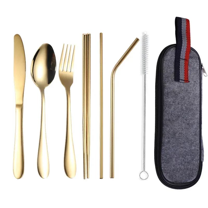 Portable 304 Stainless Steel Korean Knife, Fork, Spoon, Chopsticks and Straw Tableware Set for Travel - Folding Tableware