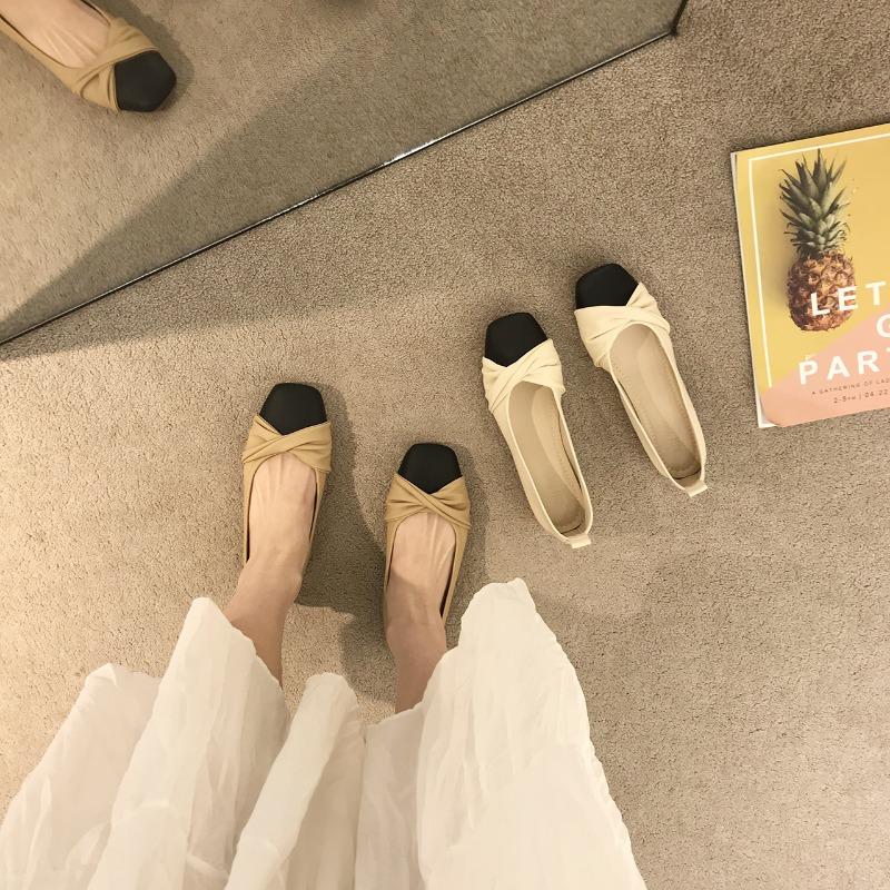 Comfortable and gentle single shoes with skirt thick heel light heel shoes new color matching bow middle heel Doudou shoes