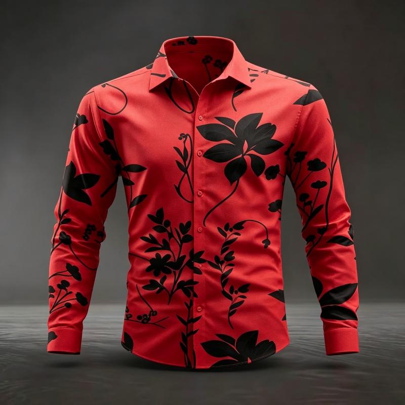 Herren Floral Leaf Print Langarmhemd Mode Slim Fit Button-Down Lässige Blusen Tops
