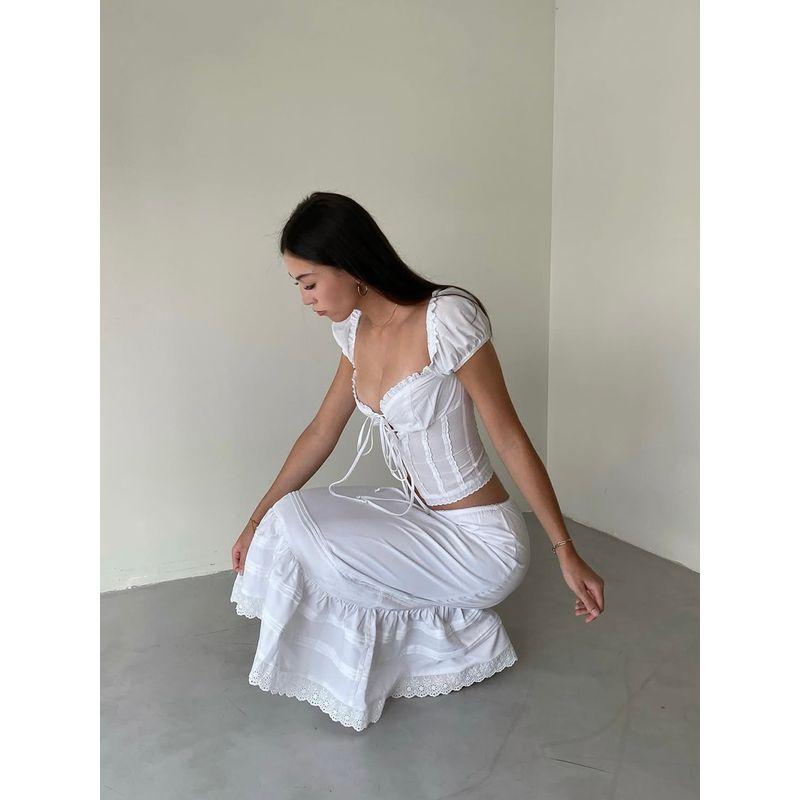 Luodao White Bell Summer French Pure Desire Wind Lace Lace Band Puff Sleeves Top and Skirt Vacation Suit
