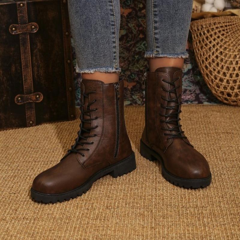 Fashion British Solid Zip Ankle Boots for Woman Autumn Winter Round Toe Lace-Up Short Boots Women Pu Leather Shoes Boties Lady