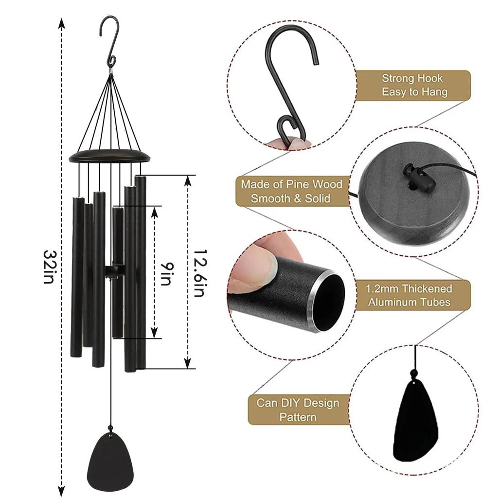 New Metal Windchime Aluminum Windbell Wind Chimes 6 Rods Chimes Home Decoration Craft Outdoor Garden Patio Notes Zen Meditation
