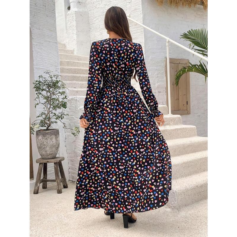 Fashion V-neck Long Sleeve Printed Loose Women Dress Spring Autumn Elegant A-line Party Long Versatile Dress Slim Fit Holiday Women's Clothing