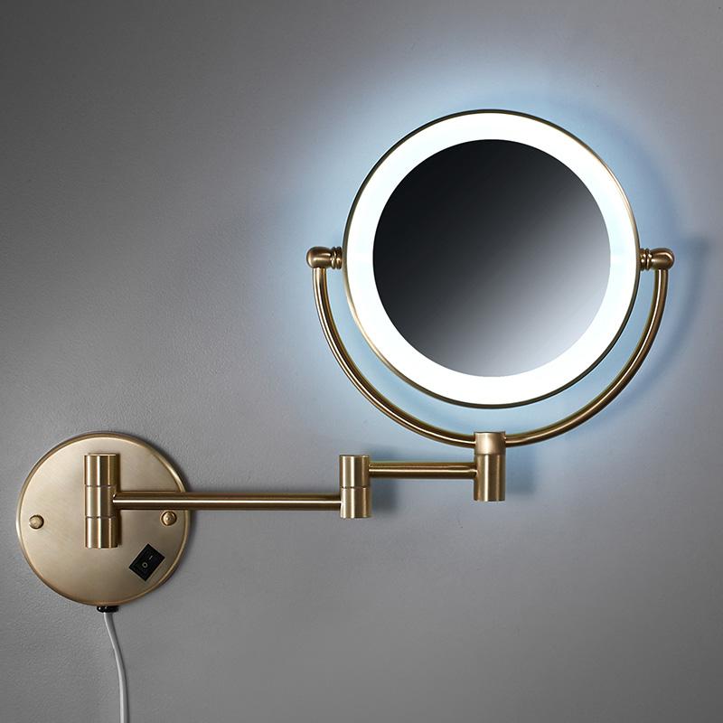 Or brossé Rond Miroir de Salle de Bain Mural Miroir LED Maquillage Grossissant 1X3X Double Face Rotatif Miroir de Rasage de Salle de Bain