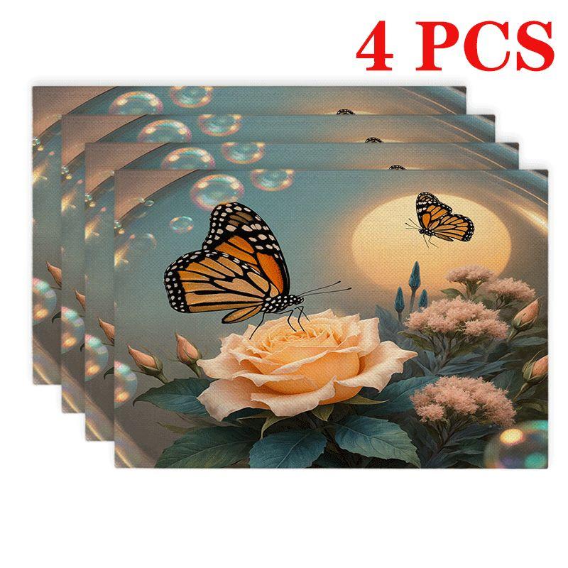 4/6pcs Rectangular Placemats - 12X18 Inch Butterfly Rose Non-Slip Table Mats with 2D Element Design 4pcs