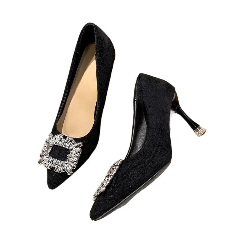 

Женская обувь 2024 Слипоны Женские туфли на высоком каблуке Модные вечерние туфли Женские Хрустальная квадратная пуговица Острый носок Тонкий каблук Обувь Женская 40 чёрный