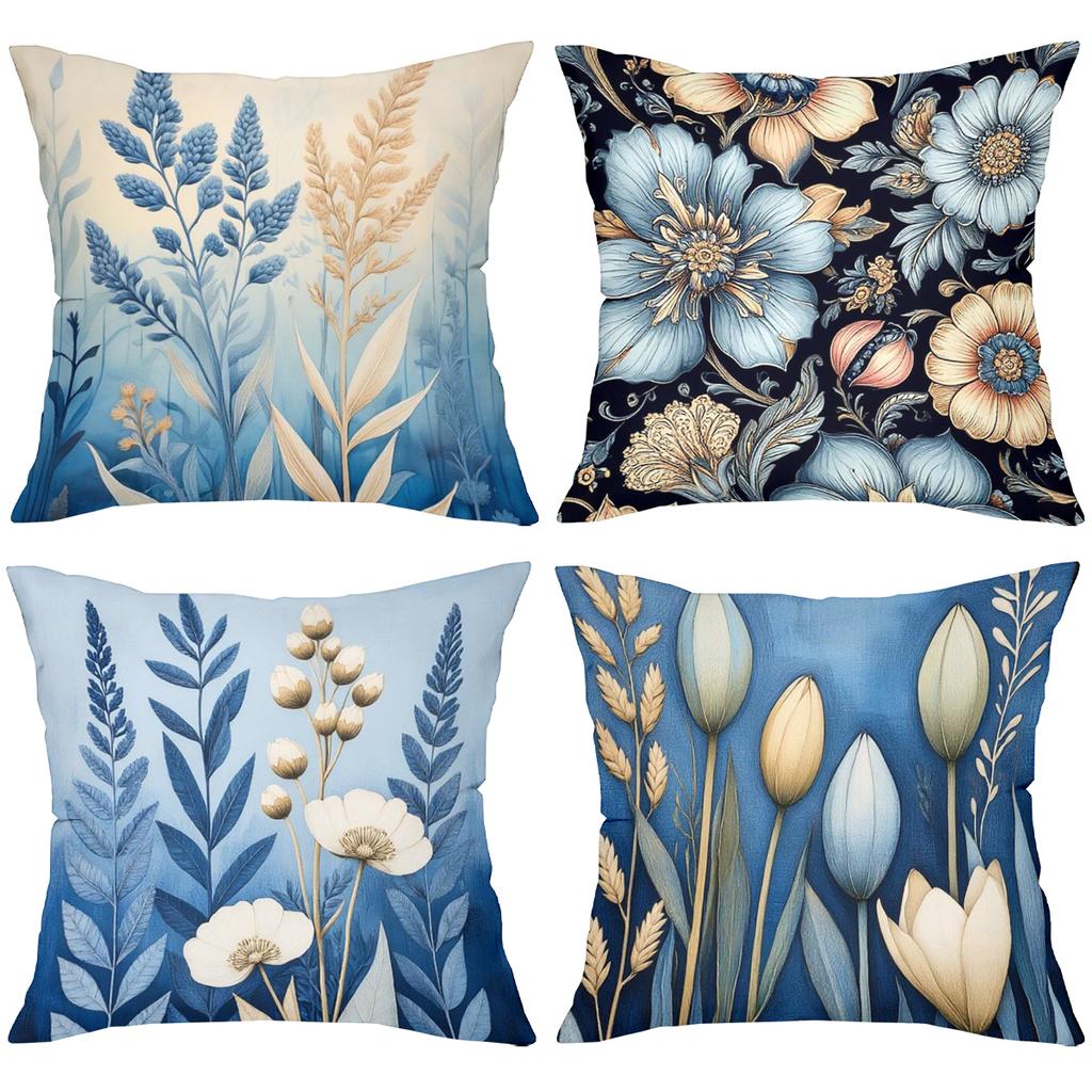 Floral Printed Throw Pillows Blue Beige Decorative Cushions Polyester Pillowcase, Sofa Decorative Cushion Cov Headboard Pillow