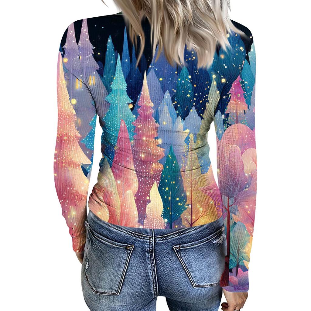 Women's  Slim Bottom T-shirt Fashion Casual Gradient Printing Round Neck Pullover Long Sleeve Top