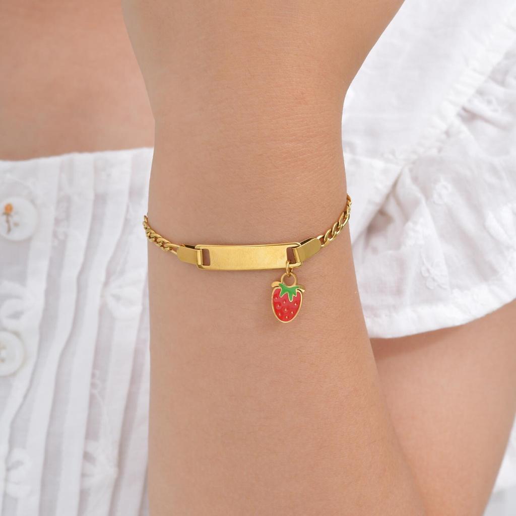 Vnox Customized Baby Bracelets With Fruit Pendant, Stainless Steel Cuban Mesh Chain Free Engraving Bar, Jewelry Birthday Gift