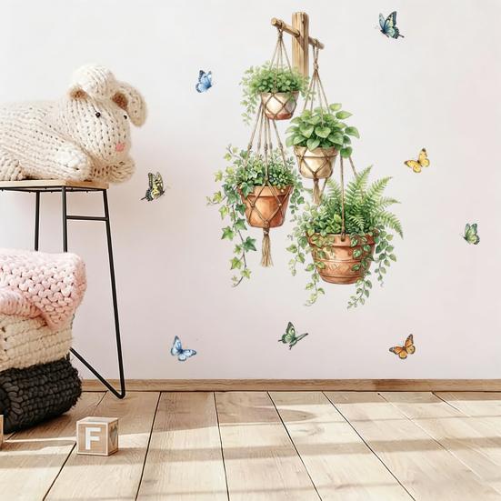 Green Potted Plants Wall Stickers Peel And Stick Floral Plants Vines Wall Art Decor for Living Room Bedroom Office