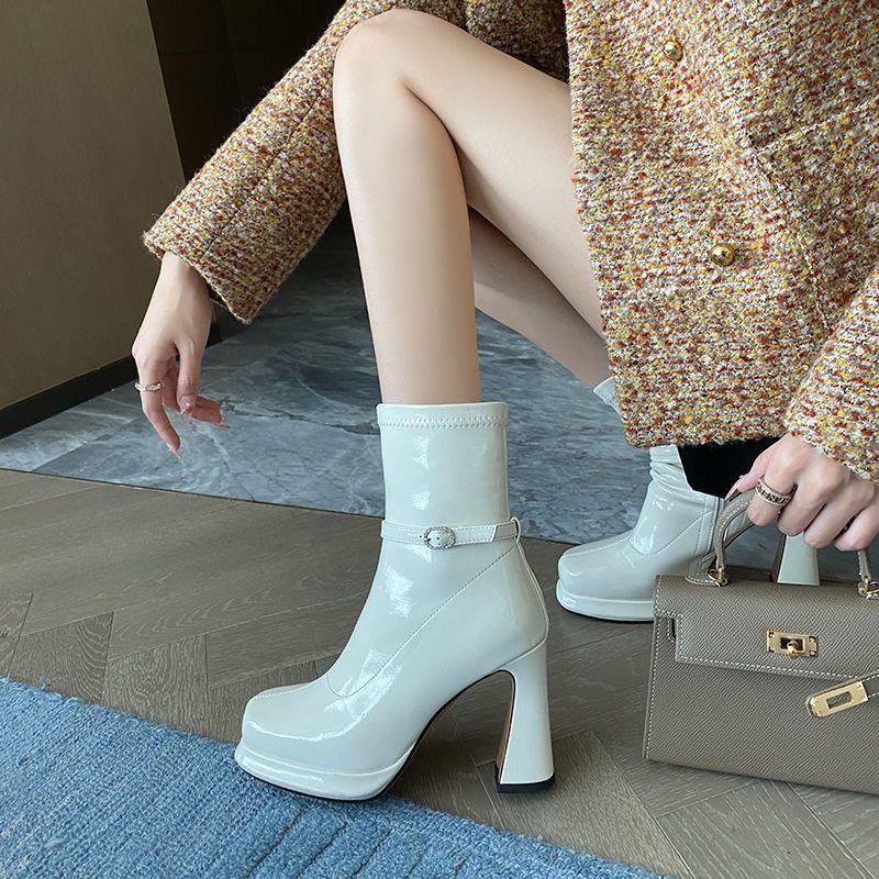 Square head high-heeled short boots children's 2025 spring and autumn new fashionable versatile comfortable heightened thick heel Martin boots women
