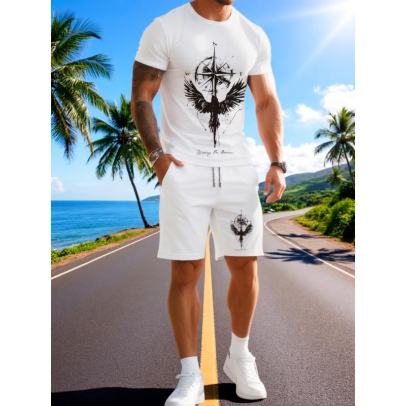 2 pieces of casual fashion suits Eros 3D digital printed men s round neck short sleeve + shorts suit S
