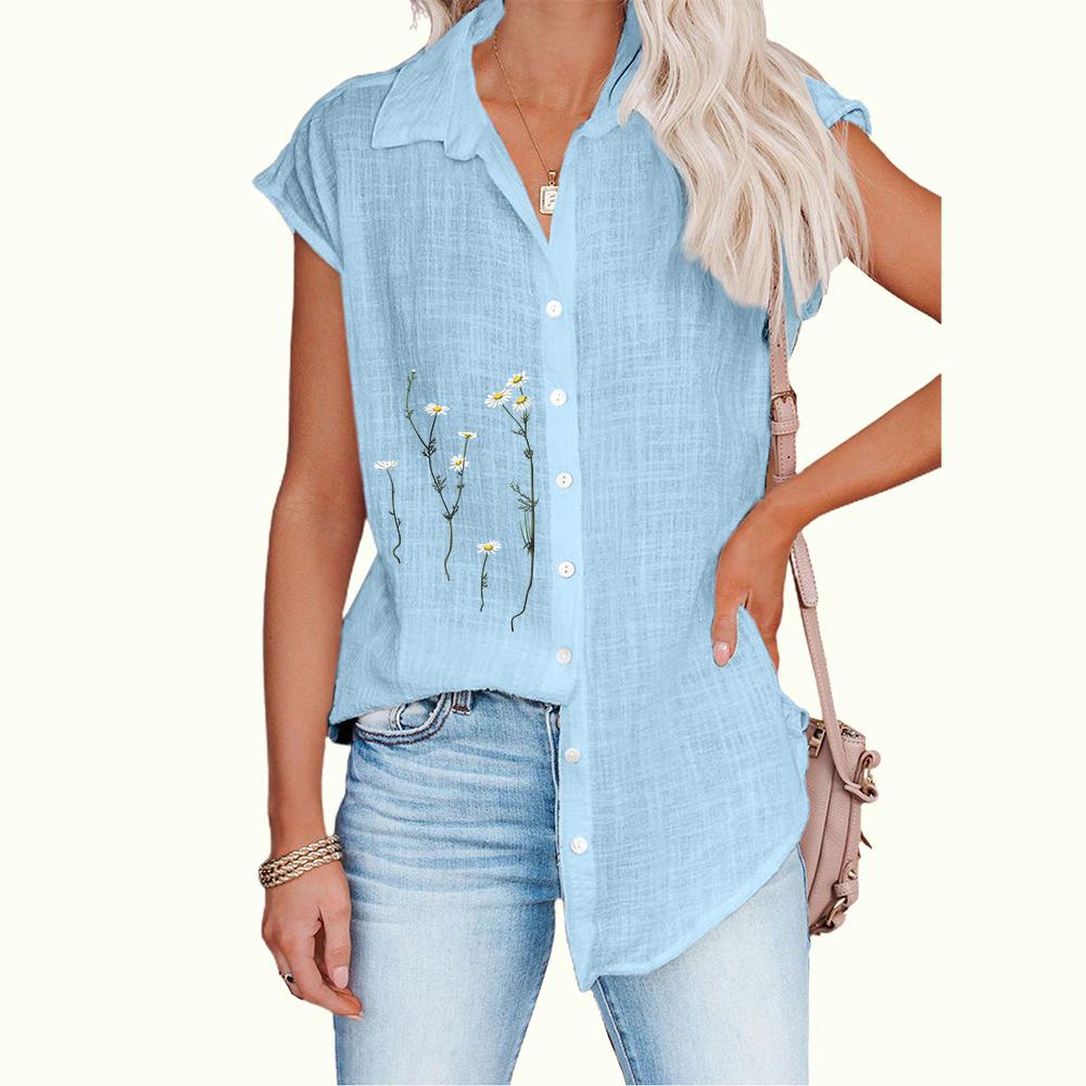 Women Fashion Sleeveless Thin Blouse Casual Floral Print Top Ladies Button-down Shirt