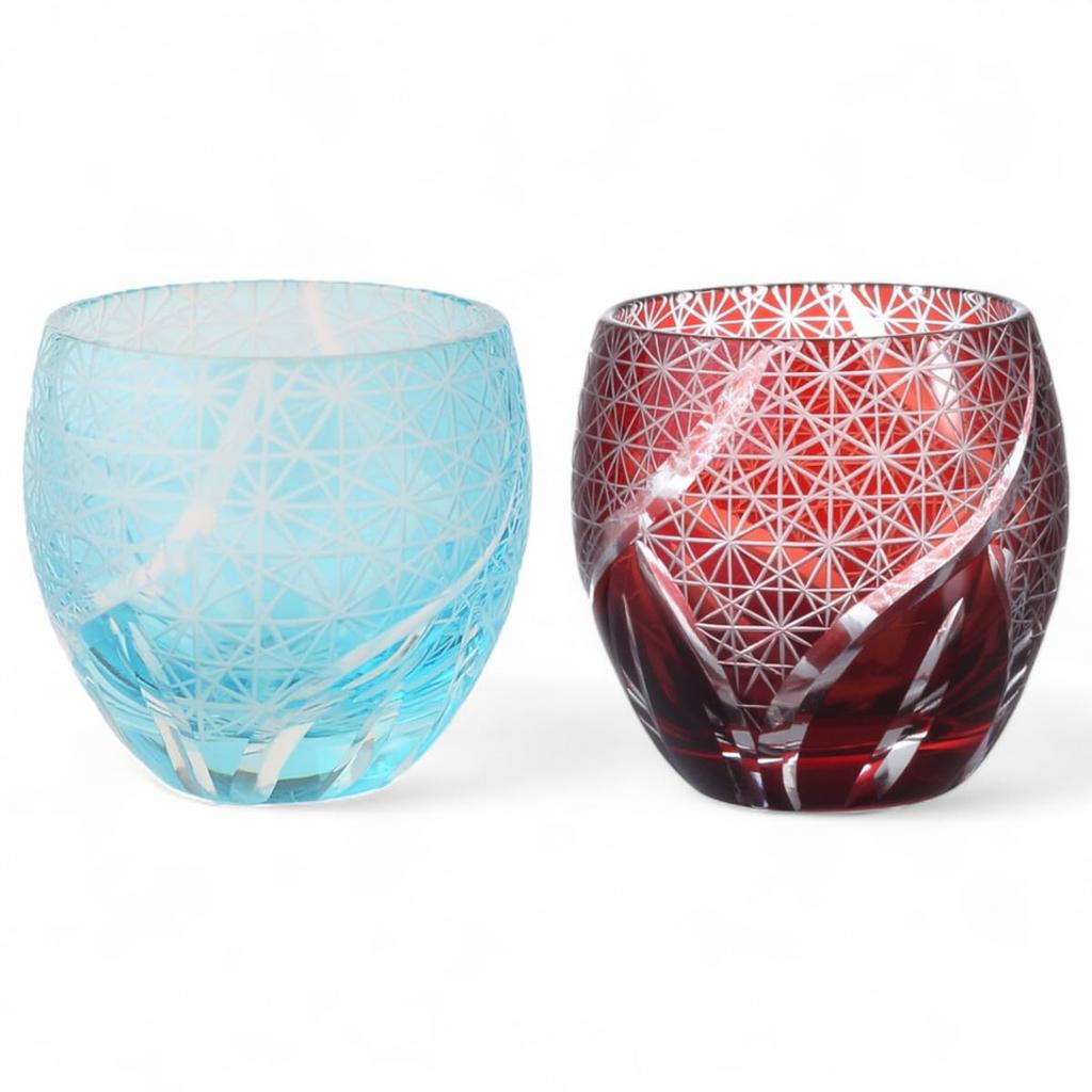Mizukage Kiriko Pair Glass Cups for Cold Ranbori Komon Aqua Bishou Current Model J-kitchens Egg-Shaped Sake, 5.5×5.9cm, 100cc, Pattern, & Red,
