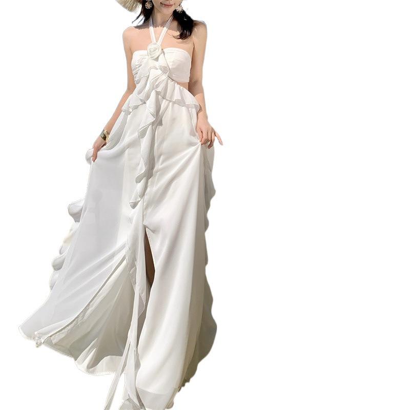 Beach Dress French Ruffle Edge Chiffon Suspender Dress Summer Sexy Waist Tube Top Holiday Dress Women