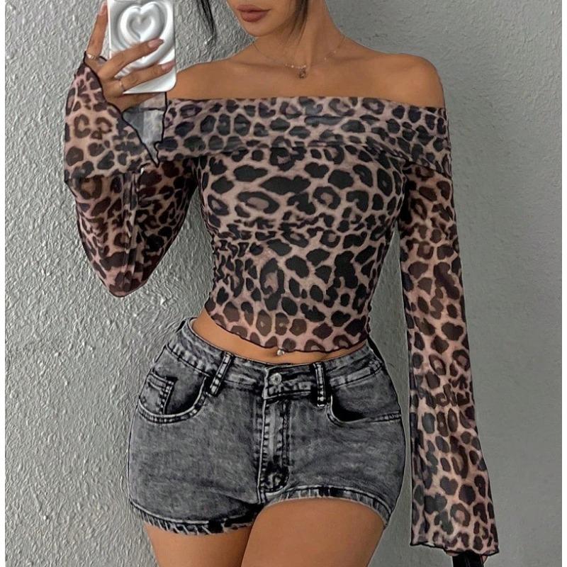 New Spring Women's Sexy One-shoulder Long-sleeved T-shirt Leopard Print Off-the-shoulder Top