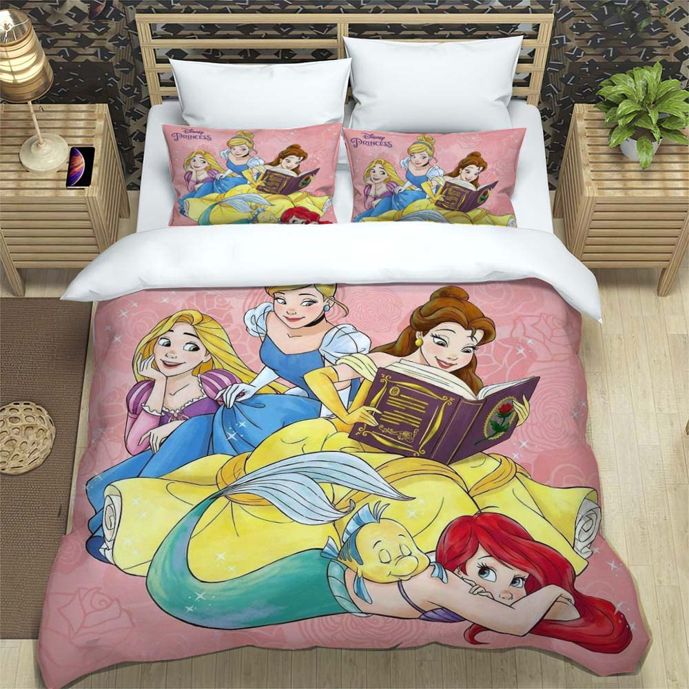 Princess series duvet cover set, 3D children's bedding three-piece set, includes 1 duvet cover and 2 pillowcases, extra large si