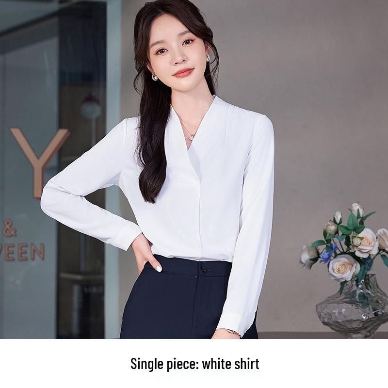 Women's Wrinkle-Resistant Chiffon V-Neck Long-Sleeve Shirt - Collarless White Workwear Top for Autumn