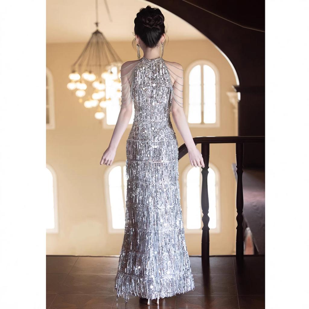 Silver neck sequined evening dress women's 1011 new high-end celebrity banquet fringed annual meeting host long dress
