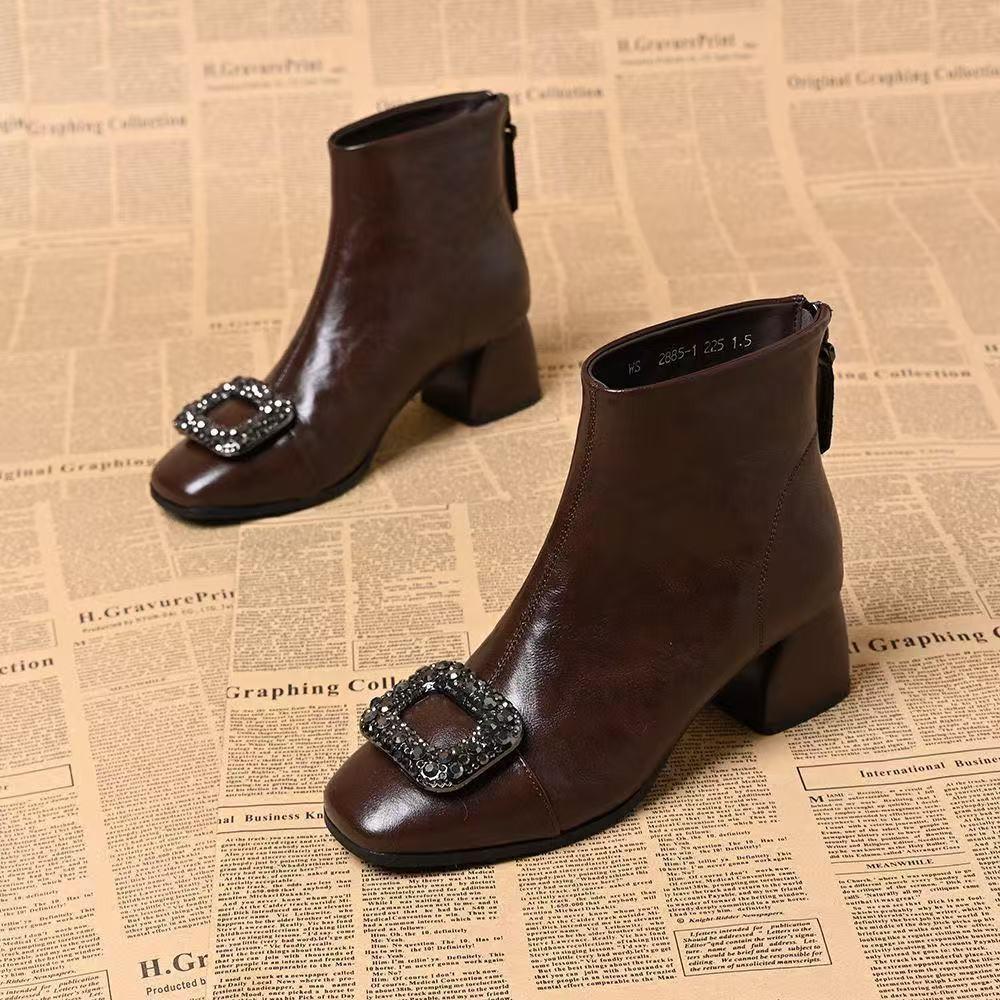 New Style Shoes: Square-toed Ankle Boots, Chunky-heeled Mid-calf Boots, Square-button Low-heeled Women's Shoes