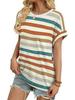 New Arrival Women's Round Neck Striped Color Block Casual Short Sleeve T-shirt