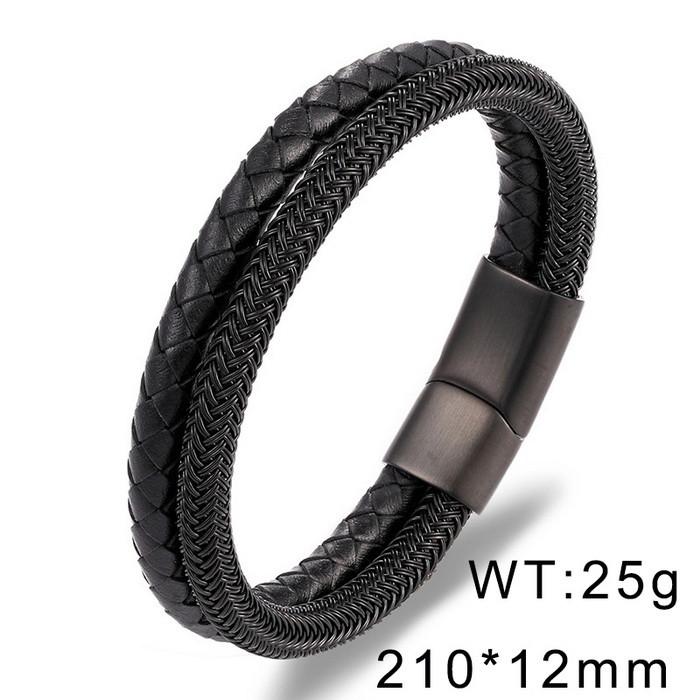 KALEN 12mm Width Men Mature Silver/Black Stainless Steel&Cowhide Leather Double Chain Bracelet 21cm&Mature