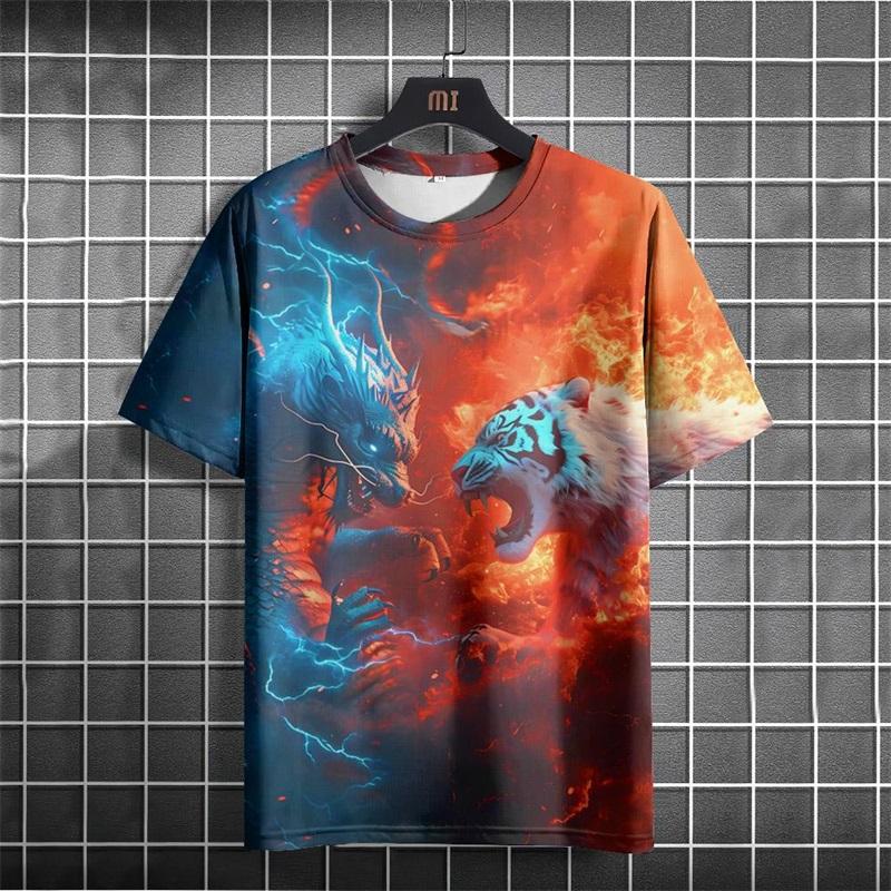 Full Print Animal Dragon Tiger Graphic T Shirt For Men Summer Short Sleeve Oversized Tshirts Tops 3d Print Men's T-Shirts