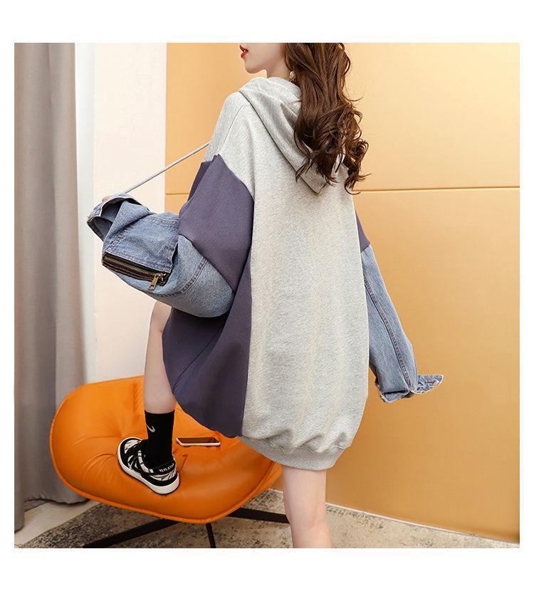 Denim Patchwork Hooded Sweatshirt, Fake Two-Piece, Mid-Length Loose Fit, 2025 Korean Style, Plus Size Pullover Hoodie